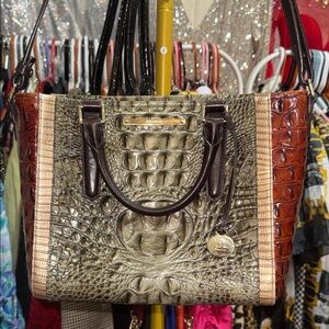 Brahmin Olive Green, Brown and Tan Croc-Embossed Tote